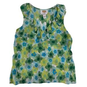 Vintage Y2K Talbots Green Floral 100% Silk Ruffle Sleeveless Blouse Top 4 Petite